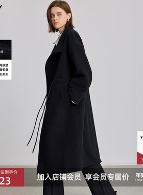 LILY2025冬新款女装羊毛桑蚕丝复古抽绳收腰通勤黑色毛呢大衣外套