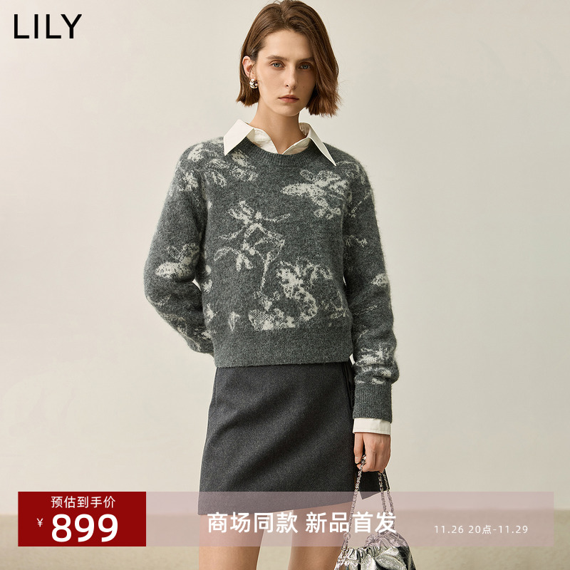 【商场同款】LILY2024冬新款女装羊驼混纺新中式提花针织衫毛衣女