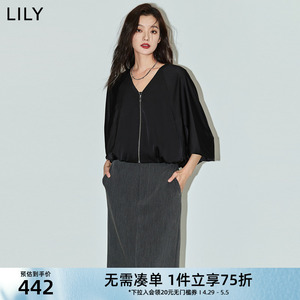 LILY2024夏新款女装时尚休闲机车风个性宽松垂感V领黑色短外套女