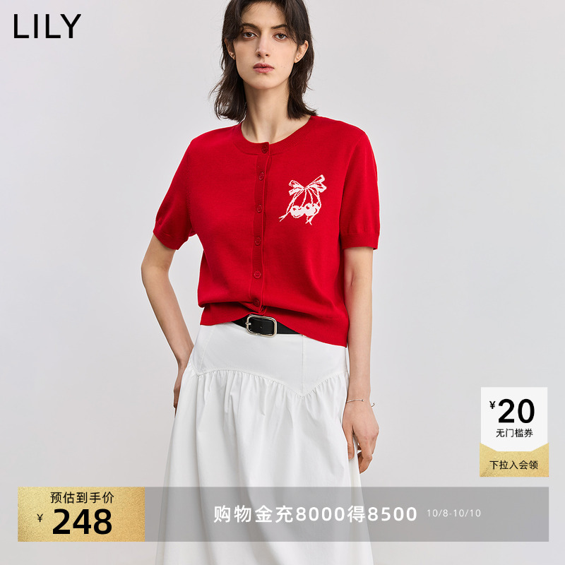 LILY蝴蝶结短袖圆领针织短袖开衫