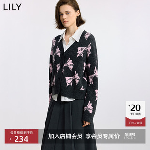 LILY2025冬新款女装含羊毛设计感撞色蝴蝶结V领针织开衫外套毛衣