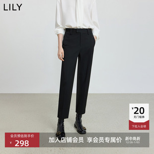 LILY2025冬新气质商务通勤松紧高腰加绒九分黑色锥形休闲西装 女 裤
