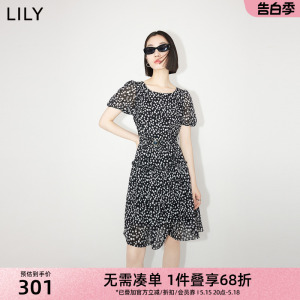 LILY夏新款女装时尚浪漫印花泡泡袖优雅短款高腰连衣裙女