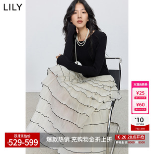 李沁代言LILY2026秋季新款法式醋酸高腰修身连衣裙通勤蛋糕长裙女