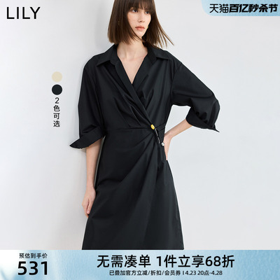 LILY2024夏新款女装气质设计感不对称腰扣中长款衬衫连衣裙小个子