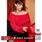 女装 上衣秋冬新款 梦露针织 LILY红色毛衣新年一字领针织衫