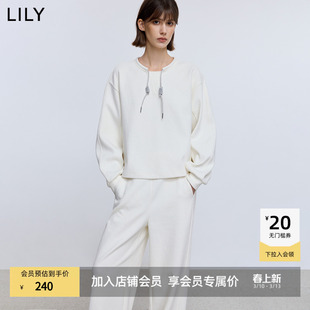 LILY2025冬新款女装极简风宽松休闲通勤白色系带圆领套头卫衣短款
