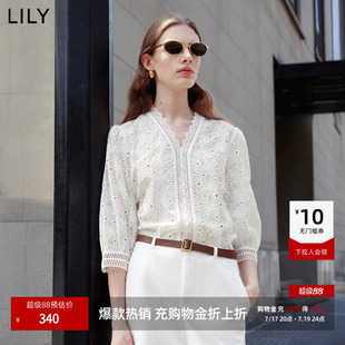 LILY2026夏新款女装莱赛尔混纺法式V领蕾丝七分袖白色套头雪纺衫