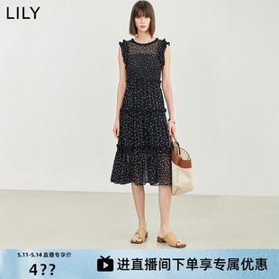 LILY2024夏新款 高腰显瘦连衣裙小黑裙 复古碎花轻薄花边无袖 法式