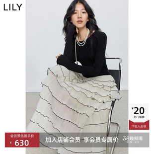 LILY2026冬新款法式醋酸高腰修身网纱连衣裙气质通勤蛋糕长裙女
