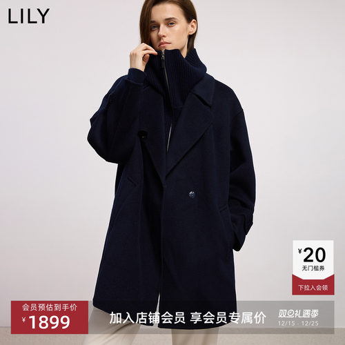 LILY羊毛通勤翻领中长款毛呢外套