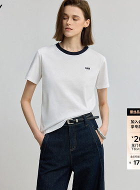 LILY2025新款纯棉撞色针织圆领正肩休闲通勤白色短袖T恤女上衣