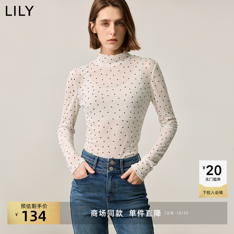 LILY高领长袖女装简约波点打底衫