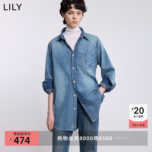 LILY2025冬新款 純棉復古翻領(lǐng)寬松百搭牛仔襯衫 外套女 商場同款