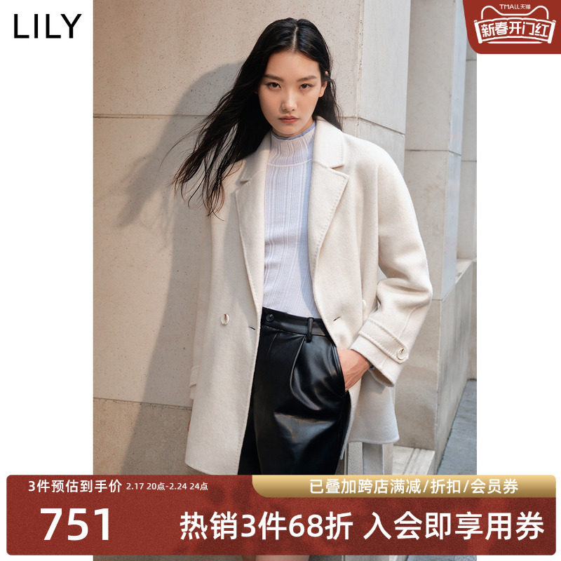LILY2023冬新款骆驼绒高级感通勤羊毛双面呢大衣中长款毛呢外套女