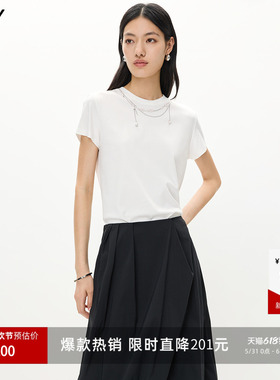 LILY2026夏新款女装莫代尔棉混纺设计感项链装饰正肩白色短袖T恤