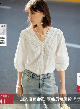 LILY初秋新款女装全棉法式掐腰蕾丝白色上衣泡泡短袖套头雪纺衬衫