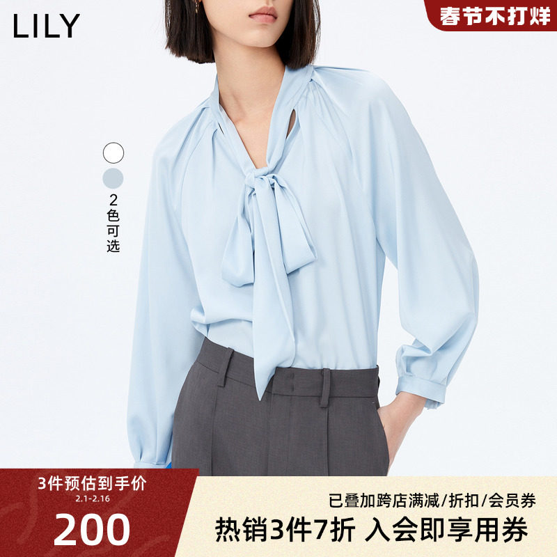 LILY2023秋新款女装优雅飘带光泽感飘带衬衫雪纺衫别致绝美小衫女