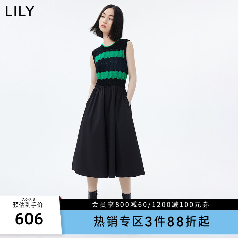 LILY2023夏新款女装洋气时尚撞色条纹通勤款无袖高腰连衣裙小黑裙