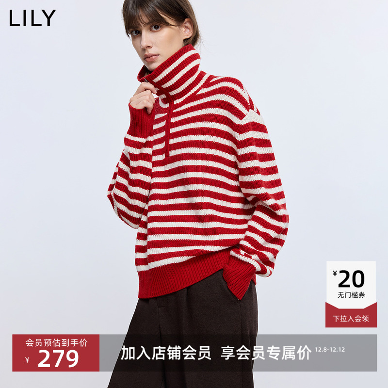 LILY混纺立领通勤条纹翻领针织衫