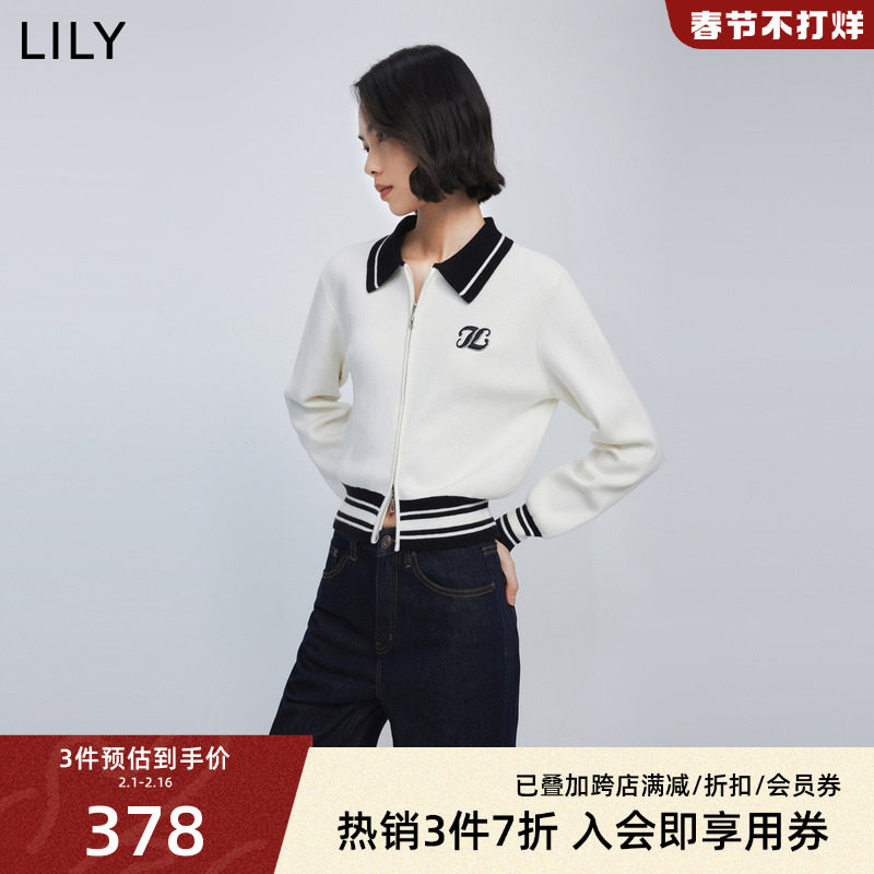 LILY2024春新款女装时尚通勤复古条纹双开拉链收腰POLO针织开衫女