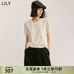 LILY2024夏新款女装浪漫设计感优雅蕾丝镂空通勤款白色T恤雪纺衫