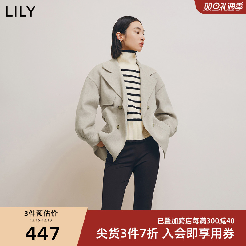 LILY新款女装全绵羊毛优雅中长风衣式毛呢外套小个子
