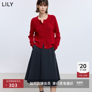 LILY2025冬新款羊毛混纺编织麻花圆领休闲通勤红色针织开衫外套女
