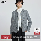 LILY2025冬新款 含羊毛格雷系小香风粗花呢气质通勤灰色外套女短款