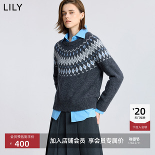 LILY2025冬新款含羊毛羊驼毛兔毛复古费尔岛提花圆领针织衫毛衣女