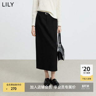 LILY2025冬新款 含羊毛弹力显瘦气质职业通勤黑色直筒裙半身裙 女装