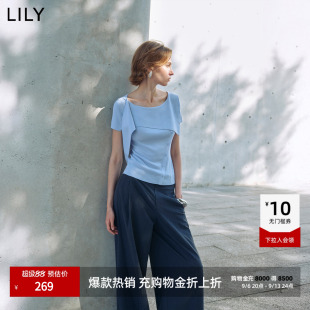 LILY2026秋新款 莱赛尔不规则披肩上衣休闲通勤T恤短袖 针织衫 女装