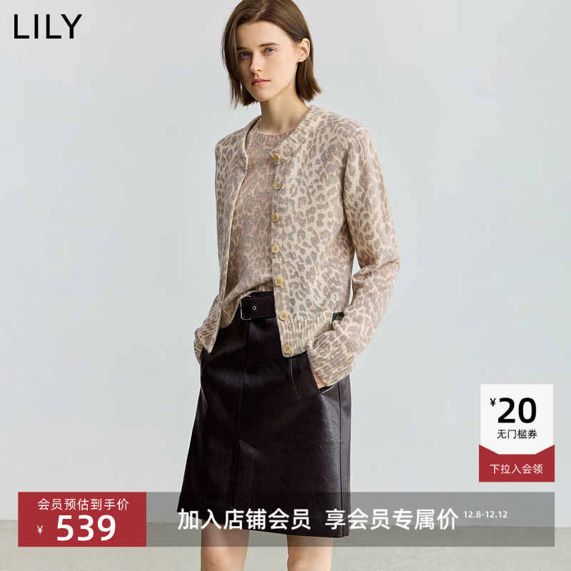 LILY混纺通勤豹纹印花针织开衫
