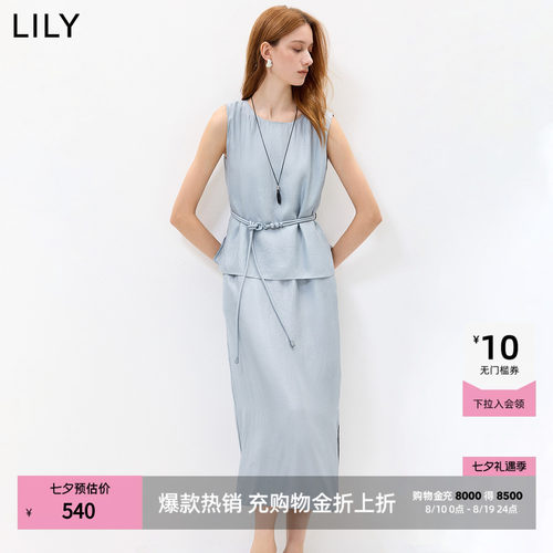 100%醋酸LILY2026夏新款法式假两件收腰气质通勤无袖圆领连衣裙女