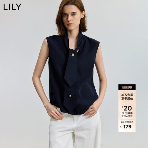 【商场同款】LILY2025新款含莱赛尔复古领带无袖藏青色套头衫女