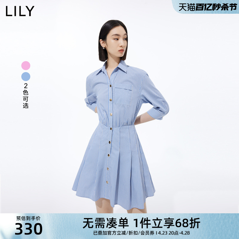 Lily新款复古条纹衬衫连衣裙