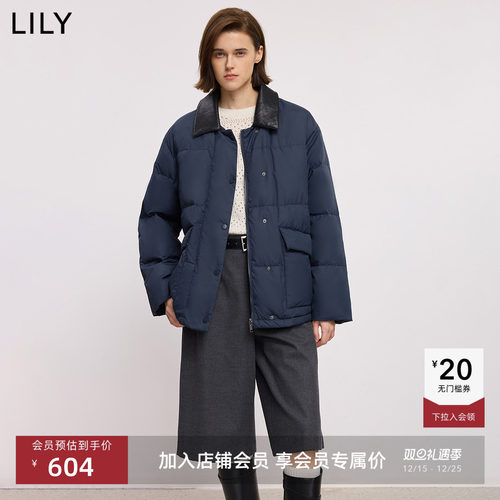 LILY鸭绒翻领藏青色拼接羽绒服