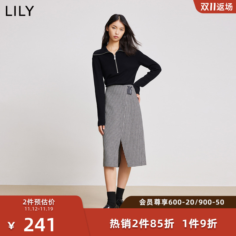 【商场同款】LILY新款女装优雅千鸟格不规则修身高腰半身裙