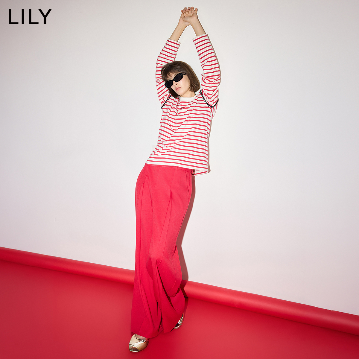 LILY2024冬新款女装撞色条纹新年氛围感百搭圆领长袖T恤内搭打底