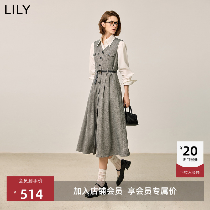 LILY通勤收腰复古无袖马甲连衣裙