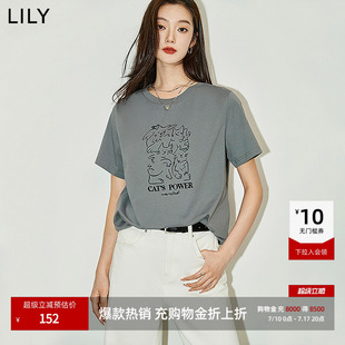 LILY2026夏新款女装复古小猫宽松休闲圆领百搭通勤短袖T恤上衣