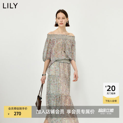LILY通勤一字肩碎花套头雪纺衫