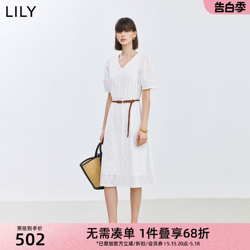 LILY2024夏新款女装气质温柔设计感蕾丝显瘦腰带短袖连衣裙小白裙