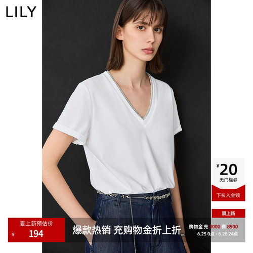 LILY新款V领假两件休闲百搭T恤