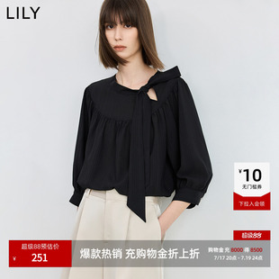 LILY2026新款法式飘带领设计感抽褶泡泡袖上衣七分袖宽松雪纺衫女
