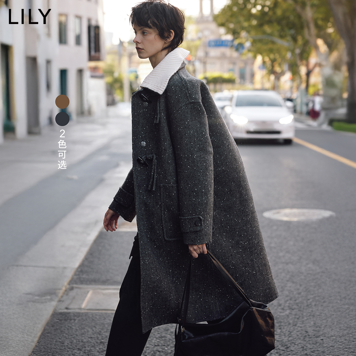 LILY2024冬新款女装绵羊毛可拆卸针织领彩点经典牛角扣双面呢大衣