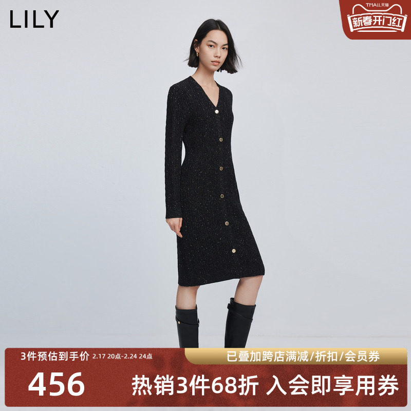 LILY2023冬新款女装绵羊毛时尚通勤气质V领高腰款针织连衣裙内搭