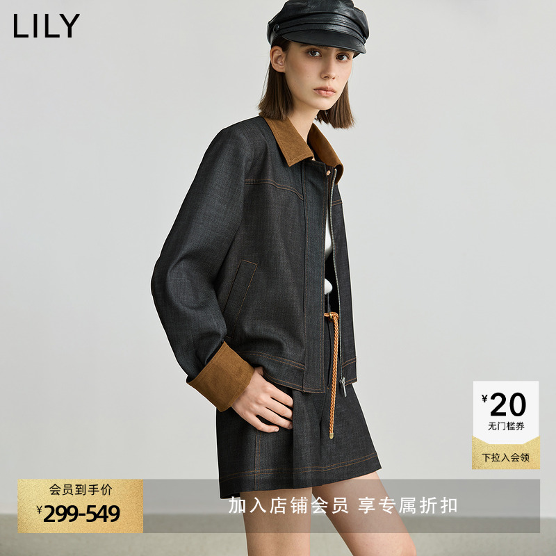 LILY外套女2025新款秋灯芯绒翻领拼接上衣宽松休闲百搭仿牛仔夹克