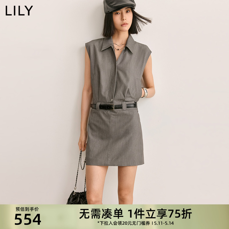 LILY2024夏新款女装复古通勤款气质时尚高腰显瘦中长款西装连衣裙