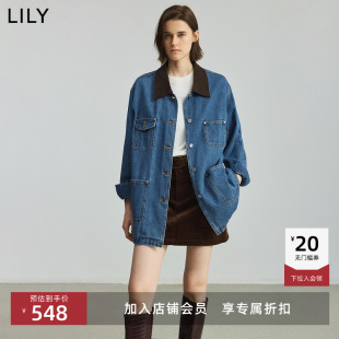 夹克外套女 翻领休闲通勤深色牛仔长袖 LILY2025秋新款 纯棉复古工装